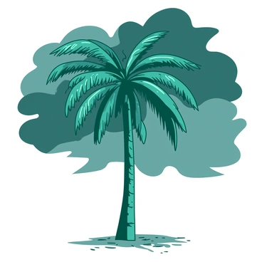 A teal palm tree stands tall in the foreground, its leaves bending dramatically in the strong winds of a fierce storm. Dark clouds swirl ominously in the sky, creating a contrasting backdrop to the palm tree. Raindrops are visible as they cascade down the fronds, adding to the sense of motion and turbulence. The ground is wet and glistening, emphasizing the intensity of the storm surrounding the resilient palm tree.