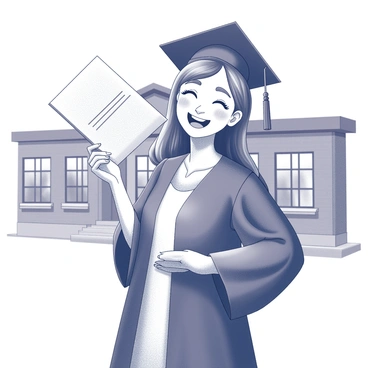 A girl wearing a graduation cap and gown stands proudly in front of her school. She is holding her diploma with both hands, displaying it prominently. Her face is radiating joy, evident in her wide smile. The school building is visible in the background, featuring large windows and a brick exterior, creating a setting that signifies achievement and celebration.
