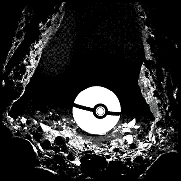 A glowing "Pokeball" is resting on the rocky ground inside a dimly lit cave. The cave walls are rugged, with various formations and textures. Surrounding the "Pokeball," numerous crystals of different sizes are embedded in the walls and floor, reflecting light and creating a captivating ambiance. The crystals have sharp edges and points, and their surfaces are glossy. The glow of the "Pokeball" casts subtle shadows on the cave surfaces, enhancing the mysterious atmosphere of the environment.