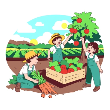 A group of children is happily picking vegetables and fruits at a thriving farm during harvest season. One child, wearing a yellow hat, is reaching up to pick ripe red apples from a tree, while another child with teal overalls is crouched down, gathering orange carrots from the soil. In the background, rows of green crops stretch across the landscape, and a wooden crate filled with freshly picked produce sits nearby. The sun is shining bright, illuminating the vibrant colors of the fruits and vegetables surrounding the children.