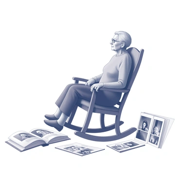 An elderly person seated in a rocking chair, looking thoughtfully into the distance. The individual is dressed in comfortable clothing, with gray hair gently framing their face. The rocking chair is made of wood, showing signs of wear. Surrounding the chair are several open photo albums, displaying various family pictures. The scene captures a sense of nostalgia, with some scattered photographs placed nearby, hinting at cherished memories.
