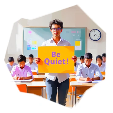 A teacher with medium skin and short curly hair stands in front of a classroom, holding a large bright sign that reads, “Be Quiet!” in bold letters. The teacher is wearing glasses and is dressed in a smart-casual outfit. The classroom is filled with desks arranged in neat rows, and several students of various ethnic backgrounds are seated quietly, focused on their tests. The atmosphere is serious and studious, with a few posters about learning on the walls. A clock on the wall shows the time ticking away as the teacher monitors the room.