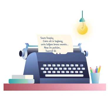 An old-fashioned black typewriter sits on a wooden desk. The typewriter has silver keys that shine in the light. A sheet of white paper is inserted, displaying text in a flowing italic font. The typewriter's lever is raised, and there is a small stack of additional blank papers to the side. A vintage lightbulb hangs overhead, casting a warm glow over the scene. A cup filled with colored pencils is placed nearby, adding a touch of color to the workspace.