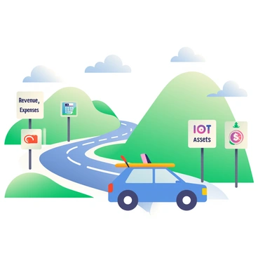 A bright blue car is driving along a winding road surrounded by green hills. The car has a surfboard mounted on the roof and is in motion, suggesting a lively road trip. Along the sides of the road, there are several road signs displaying various "audit terms" such as "Revenue," "Expenses," and "Assets." Each sign features accompanying financial icons like a calculator, a dollar sign, and a pie chart. The sky is clear with fluffy white clouds drifting overhead, adding a sense of adventure to the journey.