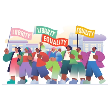 A large group of marching figures is depicted in dynamic motion, each figure representing a diverse mix of genders and ethnicities, dressed in varying historical attire from the revolution period. They are holding colorful banners inscribed with the words "LIBERTY" and "EQUALITY," which wave dramatically in the air. The marchers display expressions of determination and hope on their faces as they advance forward. In the background, there are stylized representations of buildings that reflect the architecture of the era, with intricate details on the facades. The sky is painted with a soft gradient transitioning from warm oranges to deep purples, suggesting the time of dusk during which the revolution is taking place.