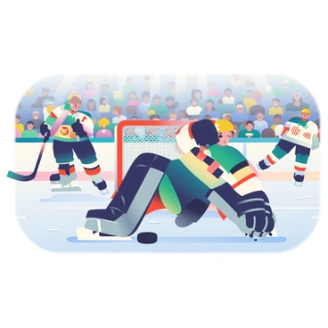 A hockey goalie with light brown hair is in action, wearing a black helmet and a full set of protective gear, including a padded chest protector and knee pads. He is in the middle of a crucial save, diving to his left as he stretches out his glove. The puck, a black disc, is just inches away, heading towards the goal. In the background, players from both teams are in motion; one is skating towards the net, while another opponent is preparing to shoot. The rink is illuminated with bright lights, and the crowd in the stands is full of excited fans wearing team jerseys. Ice shavings are flying around, adding to the intensity of the match.