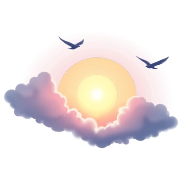 A sky during sunset filled with a gradient of hues blending harmoniously. The outline of a color wheel is subtly suggested within the clouds, capturing the transition of light. Silhouetted birds are in flight, their wings spread wide as they soar across the horizon, creating a sense of movement and freedom. The clouds appear soft and wispy, adding depth to the scene as they elegantly frame the vibrant display above.