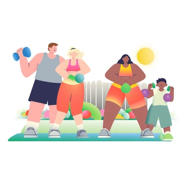 A family of four is working out together in their backyard, using kettlebells. The father, with short brown hair and wearing a gray tank top and black shorts, is demonstrating an exercise while holding a blue kettlebell. The mother, with long black hair tied in a ponytail, is doing a squat with a purple kettlebell, wearing an orange sports bra and matching leggings. Their two children, a girl with curly blonde hair and a boy with straight brown hair, are also participating; the girl is lifting a small green kettlebell while the boy is balancing a yellow one on his shoulder. The background features a green lawn with a few colorful flower beds and a wooden fence. The sun is shining brightly, enhancing the vibrant colors of the scene.