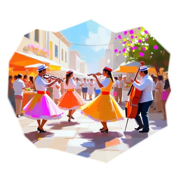 A vibrant street festival in Capri features musicians playing lively instruments, surrounded by dancers in colorful traditional attire. The scene is filled with people celebrating, with some enjoying local food stands and others engaging in cheerful conversation. Beautiful blooming flowers and festive decorations adorn the streets, adding to the lively atmosphere. The musicians are energetically performing, with a mixture of string and percussion instruments, while dancers move gracefully to the rhythm, showcasing their intricate costumes. Sunlight illuminates the scene, highlighting the vivid colors and joyful expressions of the participants.