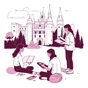 A group of students is gathered in front of a grand historic castle, which towers majestically in the background. The castle features tall stone walls and numerous turrets reaching towards the sky. Each student, equipped with a sketchbook and pencils, is focused on capturing different angles of the castle. One student is sitting on the grass, intently sketching the castle's intricate details, while another is standing with their sketchbook held up, comparing it to the structure. The sun casts shadows over them, and a few trees frame the scene, creating a lively atmosphere of learning and creativity.
