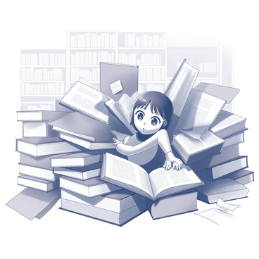 A character buried under a pile of books, struggling to find a way out.