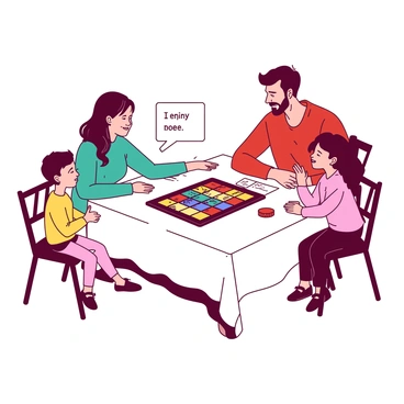 A white dining table is set in a cozy room, where a family of four is engaged in a game of jeopardy-style board game. The table is decorated with brightly colored game pieces and a large game board positioned in the center. A teal mom is sitting on one side, smiling as she reads a question from a card. A red dad sits opposite her, leaning forward with a look of concentration. Their two children, a yellow boy and a pink girl, are on either side of the table, eagerly raising their hands to answer. The room has soft lighting, creating a warm, inviting atmosphere.