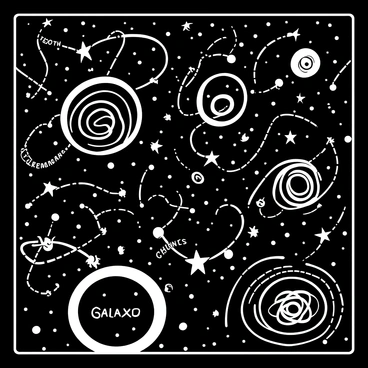 A black-and-white illustration of a cosmic map featuring various galaxies and star systems. The map displays intricate patterns of galaxies, each represented with swirling lines and dots indicating their locations. Glowing constellations are depicted as connected star points, forming recognizable shapes across the map. Labels for different star systems are scattered throughout, presented in stylized fonts. The background is filled with scattered dots representing distant stars, enhancing the cosmic theme of exploration and discovery.