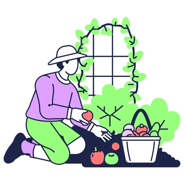 A gardener is kneeling in a lush garden, carefully harvesting ripe vegetables. The gardener is wearing a wide-brimmed hat, gloves, and a long-sleeved shirt while examining a ripe tomato. Next to the gardener, there is a basket filled with assorted vegetables, including bell peppers and cucumbers. Surrounding the gardener are healthy green plants with broad leaves, and the soil is rich and dark. A trellis in the background supports climbing plants adorned with vibrant green vines.