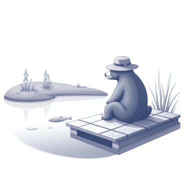 A bear wearing a hat is sitting on a wooden dock, looking over the edge. The bear is focused on the water, waiting for a fish to appear. The dock is made of weathered wooden planks, and there are several small ripples in the pond's surface. In the background, there are patches of grass and a few trees framing the scene. The bear's fur is detailed, showing texture and depth, while the hat adds a whimsical touch to the composition.