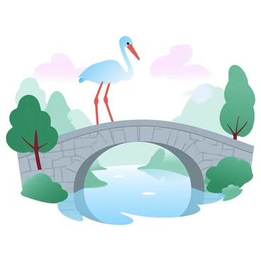 A "cigogne" is perched on the rail of a stone bridge that has an ornate design. The bridge spans over a gently flowing river, with reflections of the stone structure visible in the water below. Lush greenery, including trees and bushes, frames the scene on either side of the river, creating a harmonious natural setting. Soft pastel colors dominate the sky, suggesting a tranquil time of day. The cigogne stands tall, its long legs positioned gracefully on the rail, adding a focal point to the picturesque landscape.