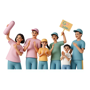 A group of parents, each wearing colorful t-shirts and caps, are enthusiastically cheering from the sidelines of a dodgeball game. One parent is holding a large foam finger raised high, while another parent is clapping loudly with a big smile on their face. A third parent is waving a homemade sign that says "Go Team!" in bright letters. The scene is lively, with other parents standing alongside them, all showing excitement and support for their children playing on the court.
