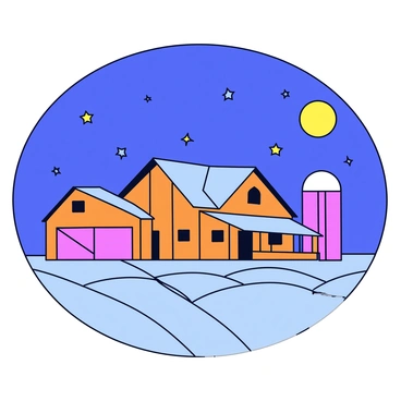 A rustic farmhouse with a wooden exterior, featuring a slanted roof and a front porch. Next to the farmhouse is a red barn with white trim, standing tall under the clear night sky. The surrounding fields are softly illuminated by the moonlight, showing gently rolling grass. Stars can be seen scattered across the dark sky, creating a tranquil nighttime atmosphere.