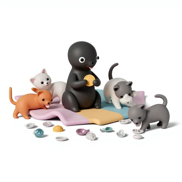 A niffler, a small creature with a sleek black body and a long snout, is sitting on a colorful plush rug. It is holding a shiny gold coin in its paws, surrounded by a group of playful kittens. The kittens, in various colors including gray, orange, and white, are playfully pawing at a collection of shiny treasures scattered around them. The treasures include sparkling gemstones, silver spoons, and shiny trinkets, reflecting light as the kittens curiously investigate them. The niffler looks delighted, with its eyes wide and a playful expression, while the kittens are in various poses, some tumbling over each other, others batting at the treasures.