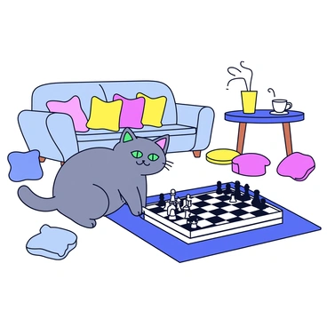A gray tabby cat with green eyes sits on a wooden floor, its head tilted slightly as it curiously observes a chess game. The cat is positioned near a chessboard that has pieces in mid-game, with a mix of black and white pieces arranged on the board. Surrounding the chess game, there are a couple of comfortable cushions scattered on the floor and a soft rug underneath. In the background, a cozy sofa with colorful throw pillows is visible, along with a small coffee table holding a steaming cup.