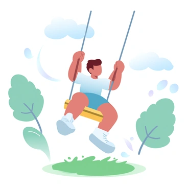 A child with short hair is at the peak of a swing's arc, arms outstretched and feet dangling below. The swing is made of bright colors, contrasting with the soft pastel background. Lush green trees are visible in the distance, framing the scene. A few fluffy clouds drift across the sky above, adding to the playful atmosphere of the moment. The ground below is covered in grass, with dappled sunlight filtering through the leaves.