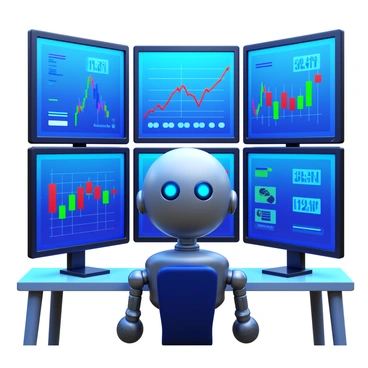 A robot with a sleek metallic body is analyzing stocks and financial charts displayed on multiple high-resolution screens. The robot has glowing blue eyes and articulated limbs, positioned in a way that suggests focus and intent. Each screen shows various graphs and numbers related to stock market performance, with bright colors like green for gains and red for losses. The background features a modern office environment with minimalistic design elements, such as a clean desk and ambient lighting, emphasizing the technology-driven atmosphere.