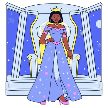 A regal queen with a majestic appearance stands confidently in a throne room that features sleek, futuristic designs. She wears an elegant gown that flows and shimmers with iridescent colors, reflecting the light of distant stars. The gown has intricate patterns that resemble constellations. In the background, large windows reveal a view of planets and galaxies, showcasing the vastness of space. The throne is crafted from a metallic material, adorned with glowing elements that emphasize its grandeur. The overall atmosphere is one of power and sophistication.