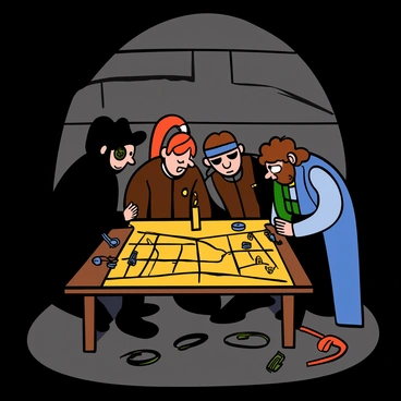 A group of four thieves is gathered around a wooden table in a dimly lit underground lair. The room is filled with shadows, and a single flickering candle casts a warm glow on their faces. Each thief has distinct features: one has short black hair and is wearing a dark hooded cloak, another has long red hair tied back, dressed in a leather jacket, a third has a bearded face with an eyepatch, wearing a vest, and the last one has curly hair and is sporting a bandana. They are leaning in closely, whispering to each other, with a large map of a city spread out on the table. Various tools of thievery, like lockpicks and grappling hooks, are scattered around, hinting at their plans. The atmosphere conveys a sense of secrecy and intrigue.