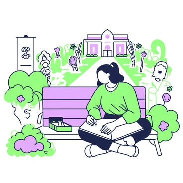 An illustrator is seated on a wooden bench in a museum garden, surrounded by greenery and flowers. They are focused on sketching in a notebook positioned on their lap. The illustrator has medium-length hair tied back and is wearing comfortable clothing. To their side, a pencil case rests on the bench, partially open with tools visible. In the background, there are art sculptures and bushes creating a serene atmosphere. A long path leads away from the bench towards the museum building in the distance.