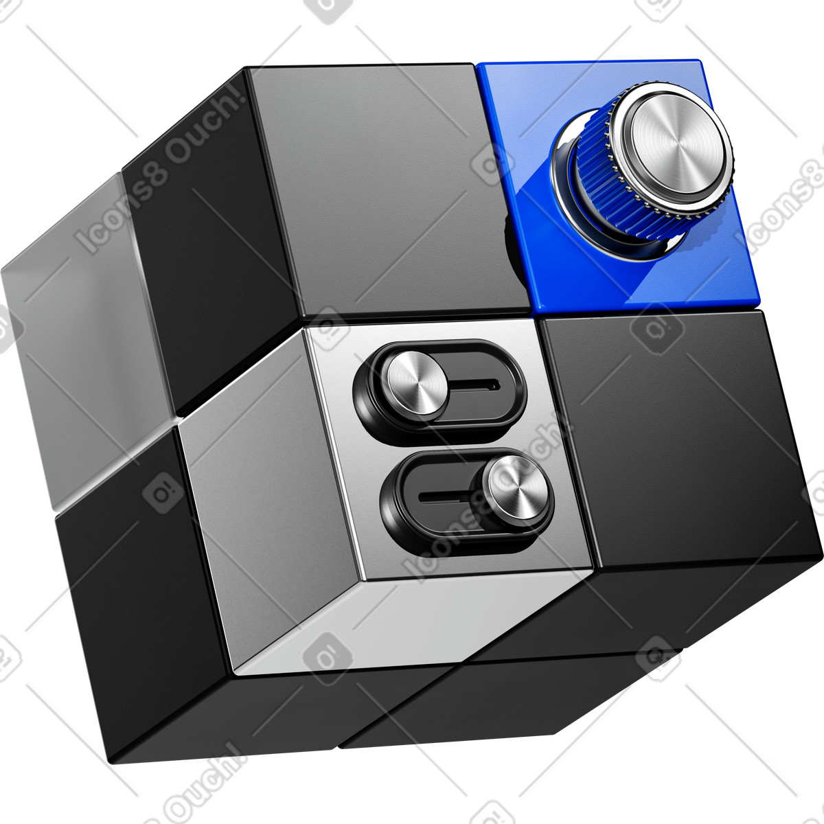 3D Pro スタイルの Cube control block with metallic knob and dual slider switches のイラストをPNG、SVG形式でダウンロード