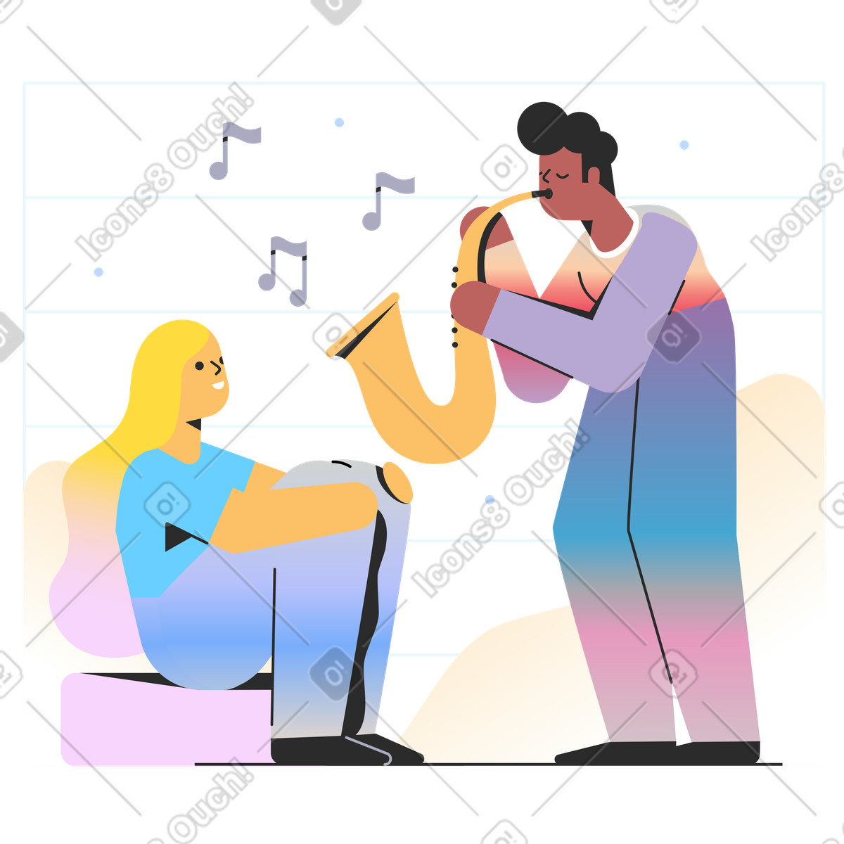 Uomo che suona il sassofono per una donna illustrazione in stile Marginalia scarica in PNG, SVG