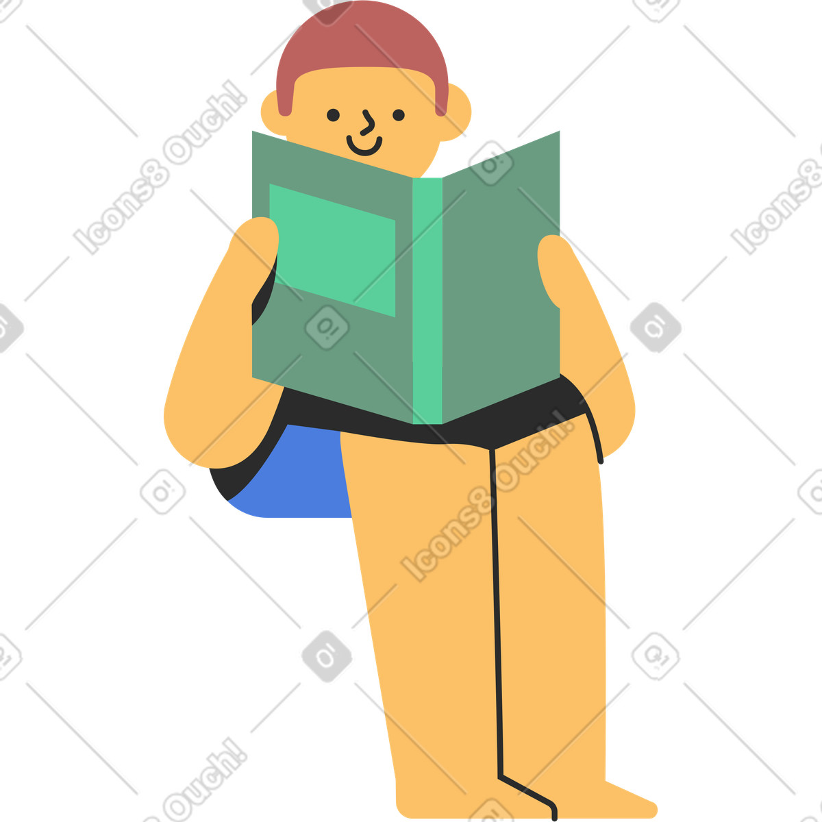 Marginalia スタイルの 緑の本を読んで座っている少年 のイラストをPNG、SVG形式でダウンロード