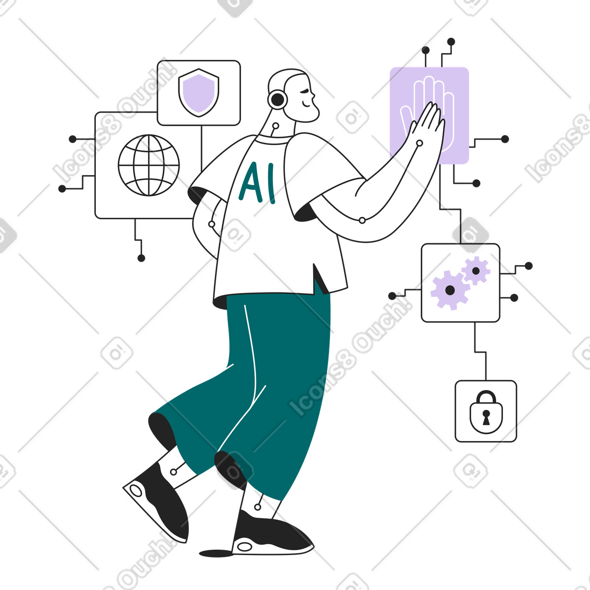 Ilustración AI robot scanning palm on access screen, Security authentication and data protection en estilo Sammy Line a descargar en PNG y SVG
