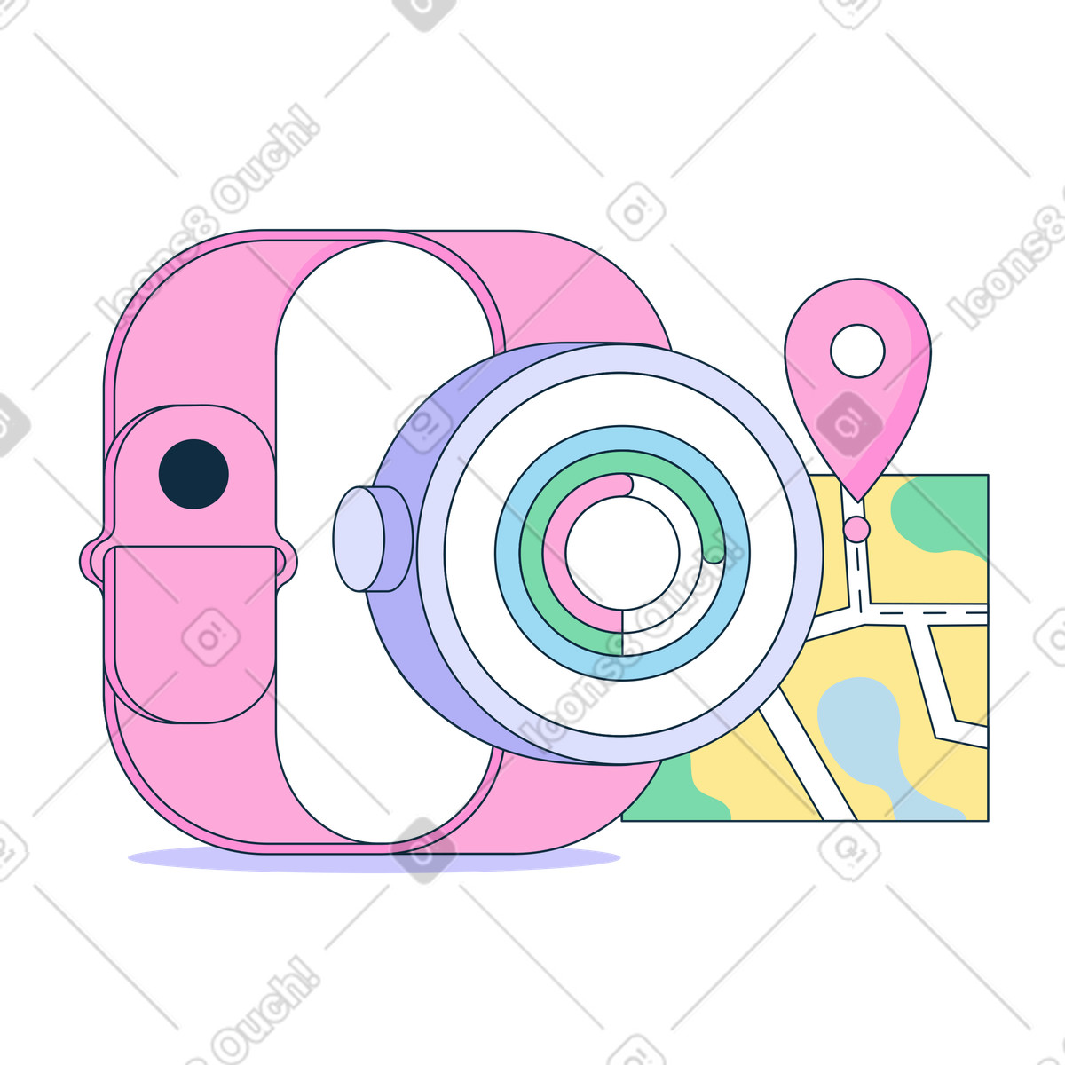 Illustration Suivi d'activité gps - carte de progression de la condition physique sur montre connectée avec suivi des objectifs de mouvement aux formats PNG et SVG