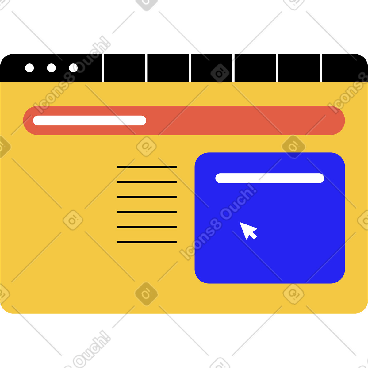 Flat スタイルの 黄色のブラウザウィンドウのウェブサイトインターフェース のイラストをPNG、SVG形式でダウンロード