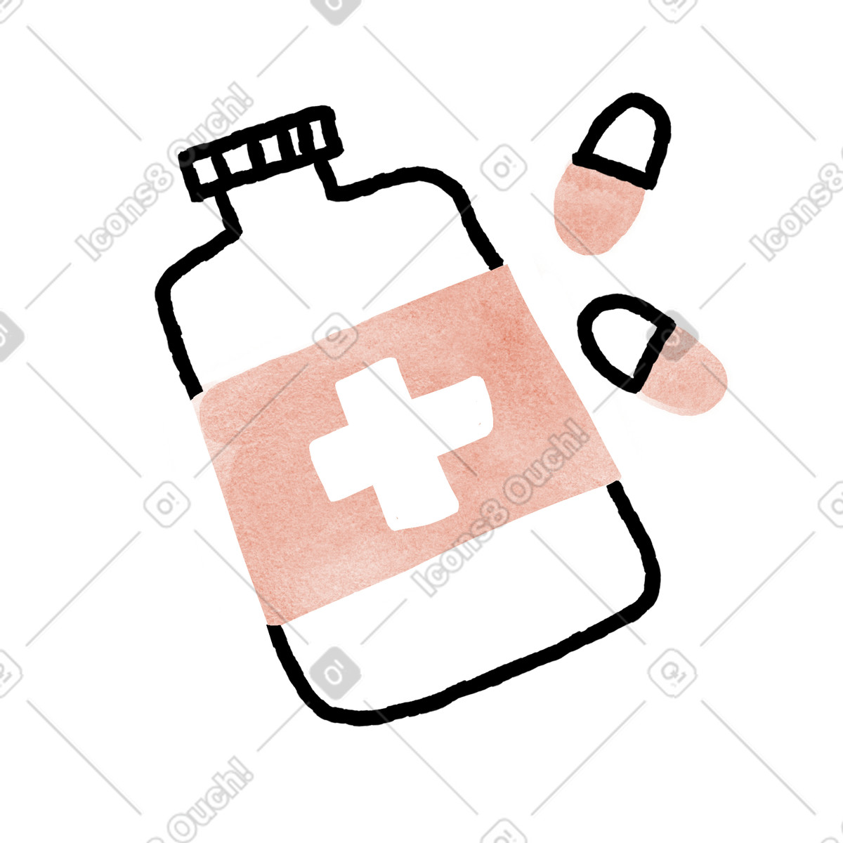 Anthropic Claude Hand Drawn 스타일의 Medicine bottle with cross label and two capsules nearby 일러스트레이션 PNG, SVG 다운로드