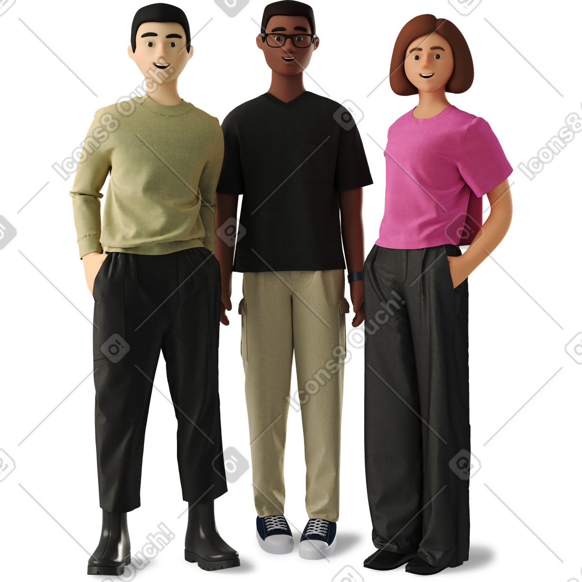 Young people in casual clothes standing illustration 3D Business style download PNG, SVG