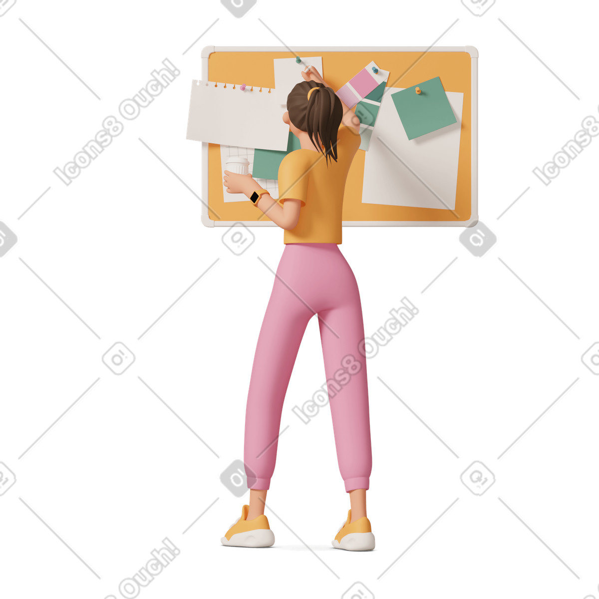 Young woman pinning picture on corkboard illustration in 3D Casual life style download in PNG, SVG