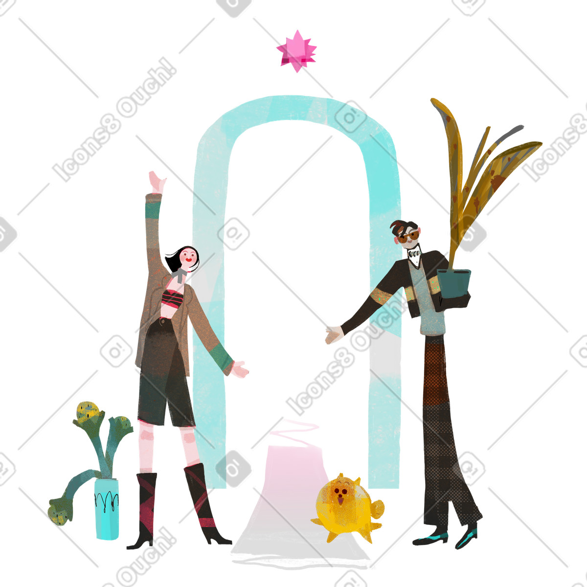 Welcoming man and woman with plants and dog illustration cartoon clipart SVG