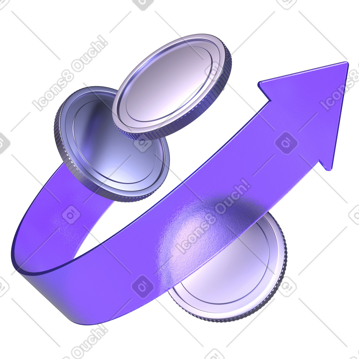 Dynamic purple arrow and coins, Business finance and earnings uptrend illustration in PNG, SVG