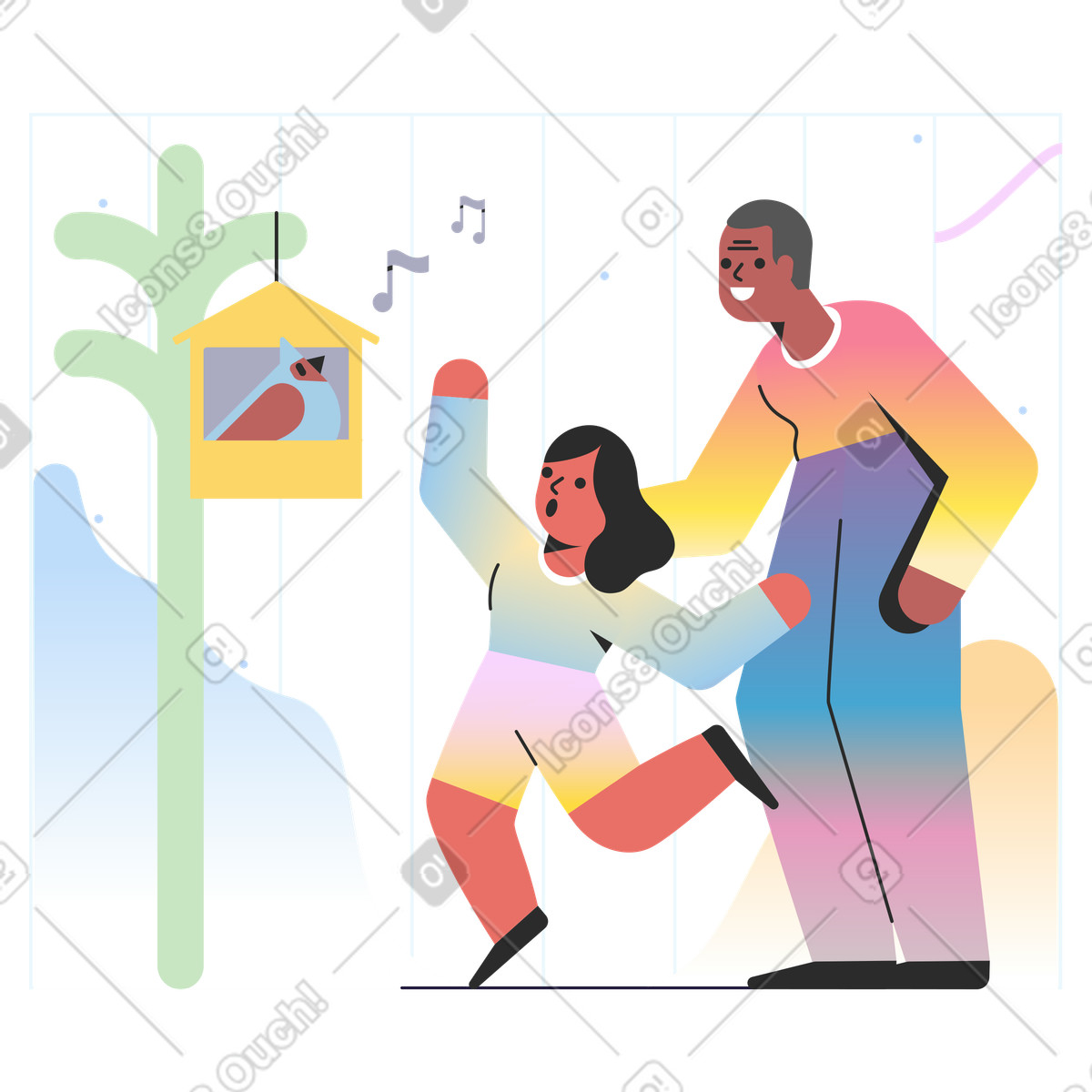Man and girl looking at the bird in birdhouse illustration elderly clipart collection images