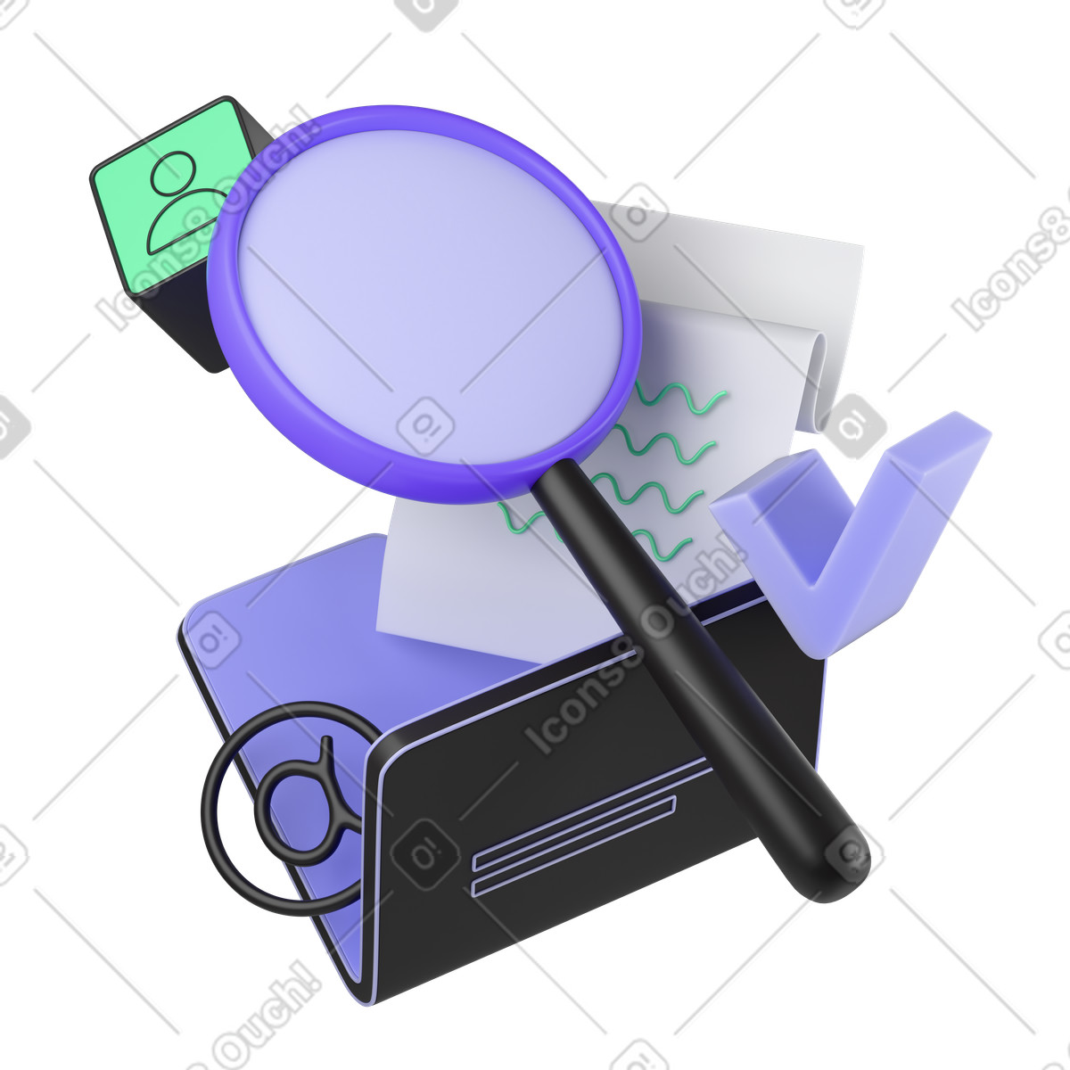 Dateisuche mit ordner und lupe animierte Illustration im 3D Incut-Stil als Download in GIF, Lottie (JSON), AE