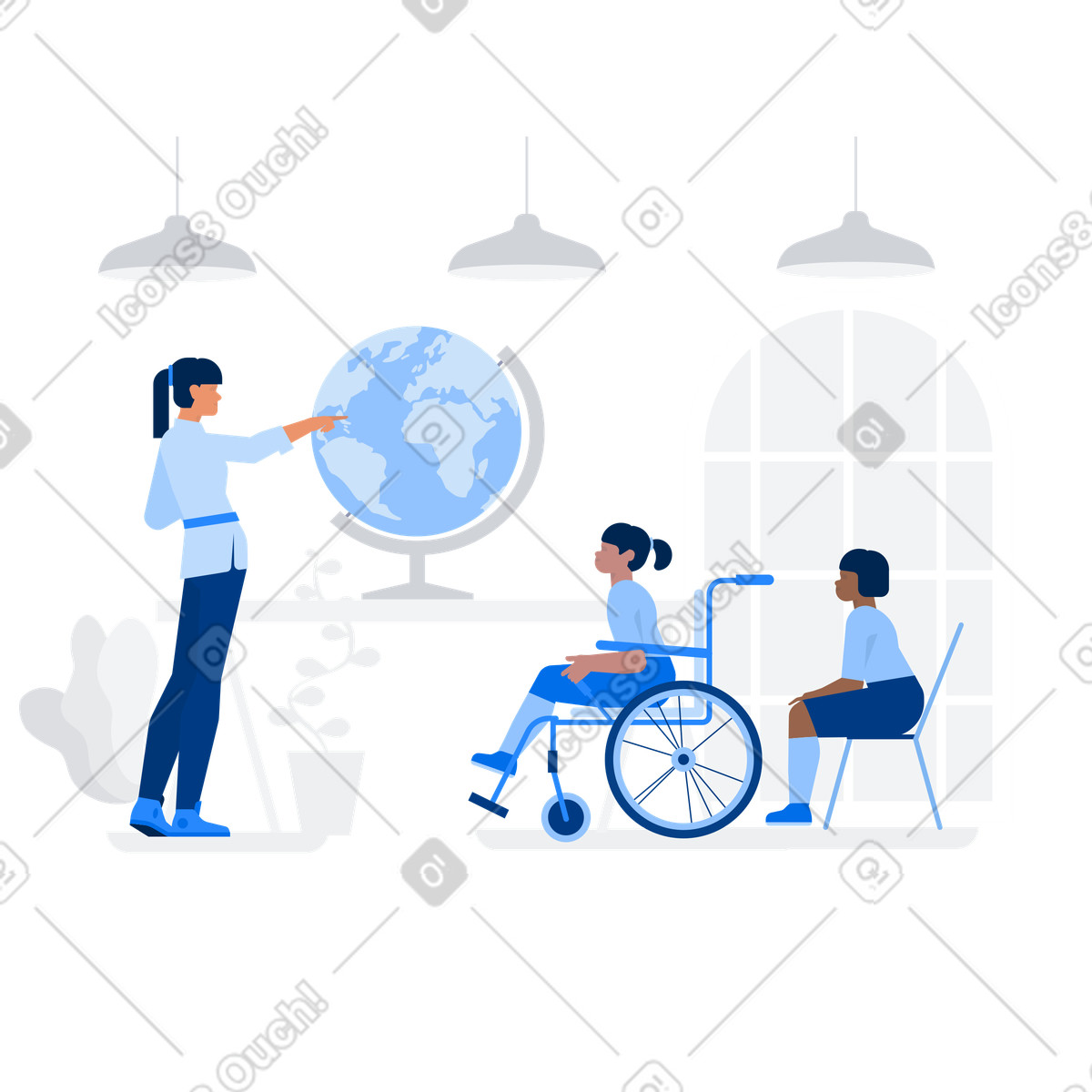 Illustration Une fille handicapée en cours de géographie dans classe inclusive le style Urban à télécharger aux formats PNG, SVG