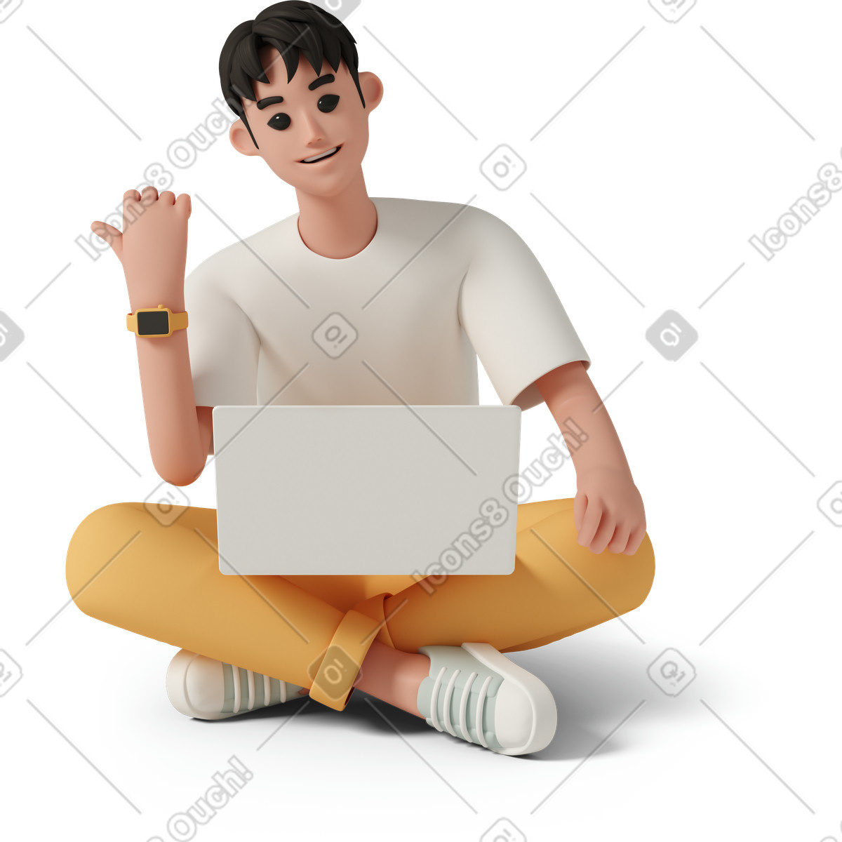 Smiling young man with laptop sitting on floor-Illustration im 3D Casual life-Stil als Download in PNG, SVG