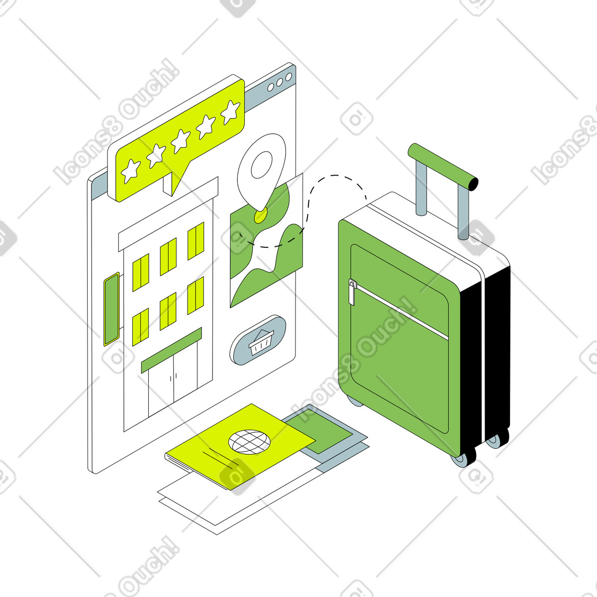 Travel plans including hotel booking, plane tickets and suitcase illustration in Isometric style download in PNG, SVG
