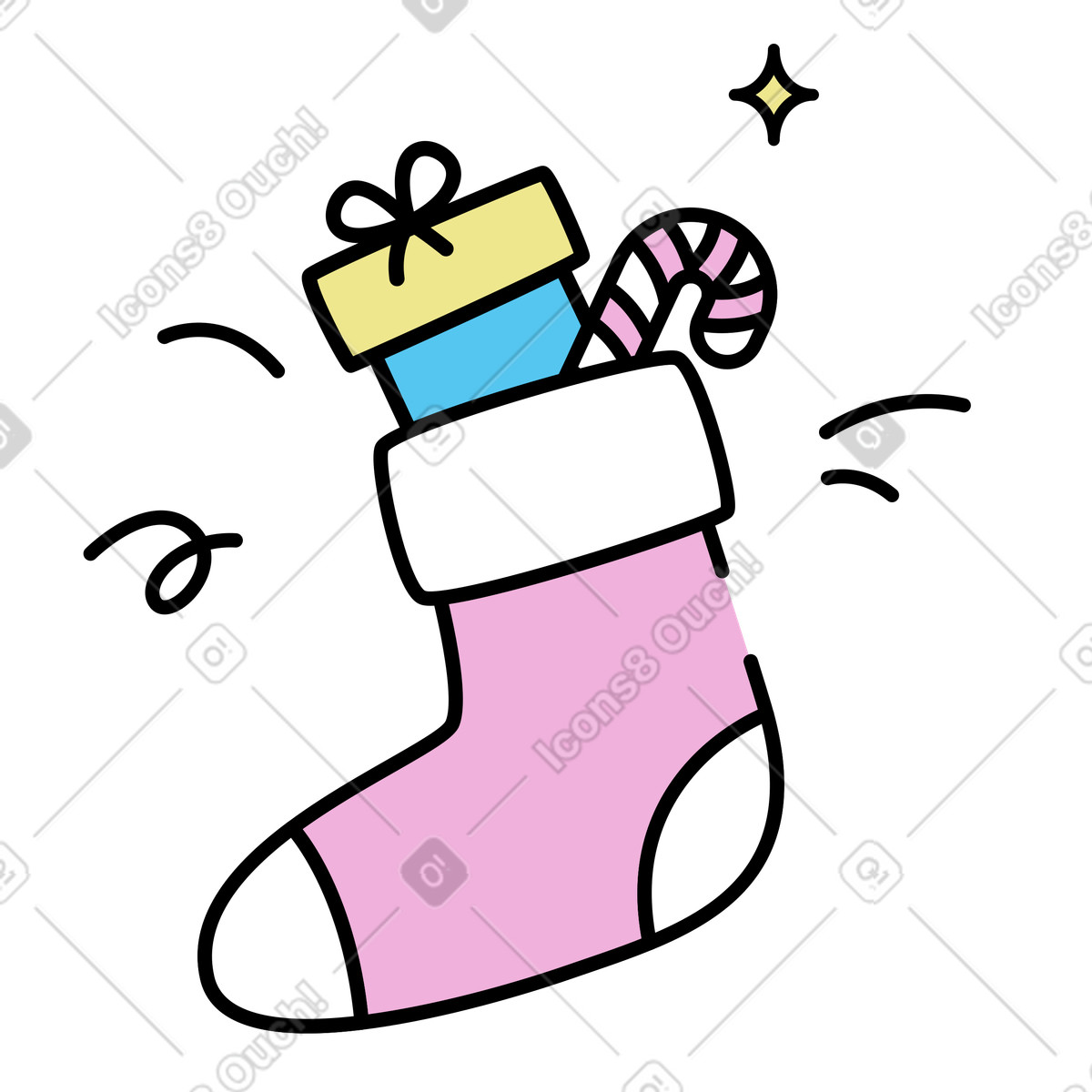Ilustración Media navideña con regalo y bastón de caramelo en estilo Mochi a descargar en PNG SVG