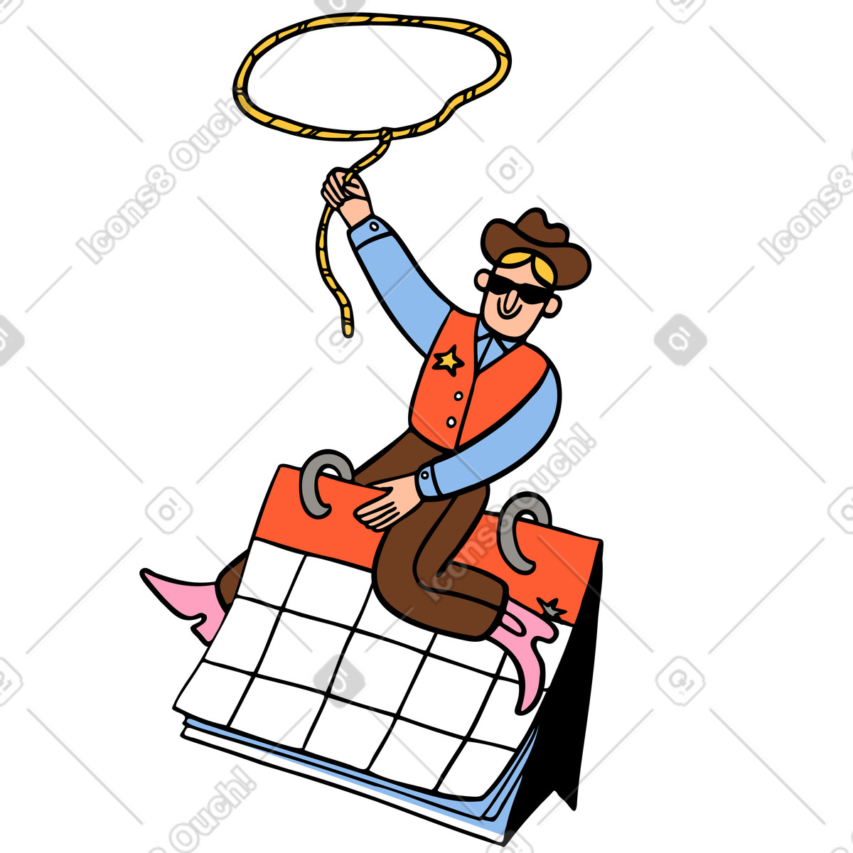 Illustration Un cow-boy chevauchant calendrier, respectant ses délais dans le style Comic à télécharger aux formats PNG, SVG