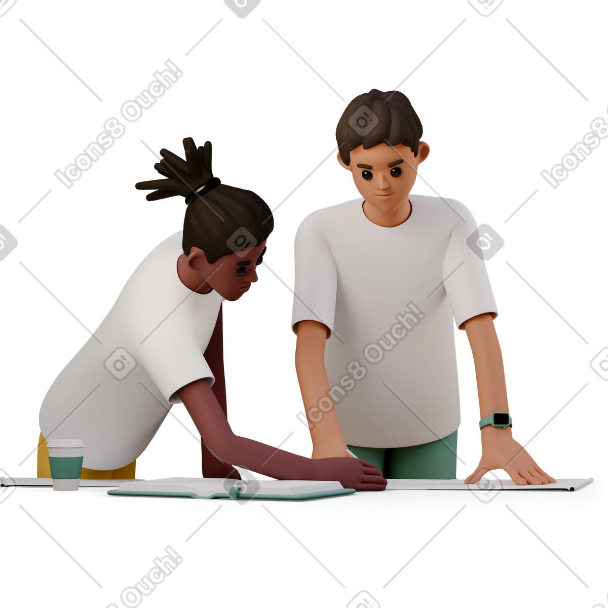 下载 3D Casual life 风格的 Two men working at the table 插画，支持 PNG、SVG 格式