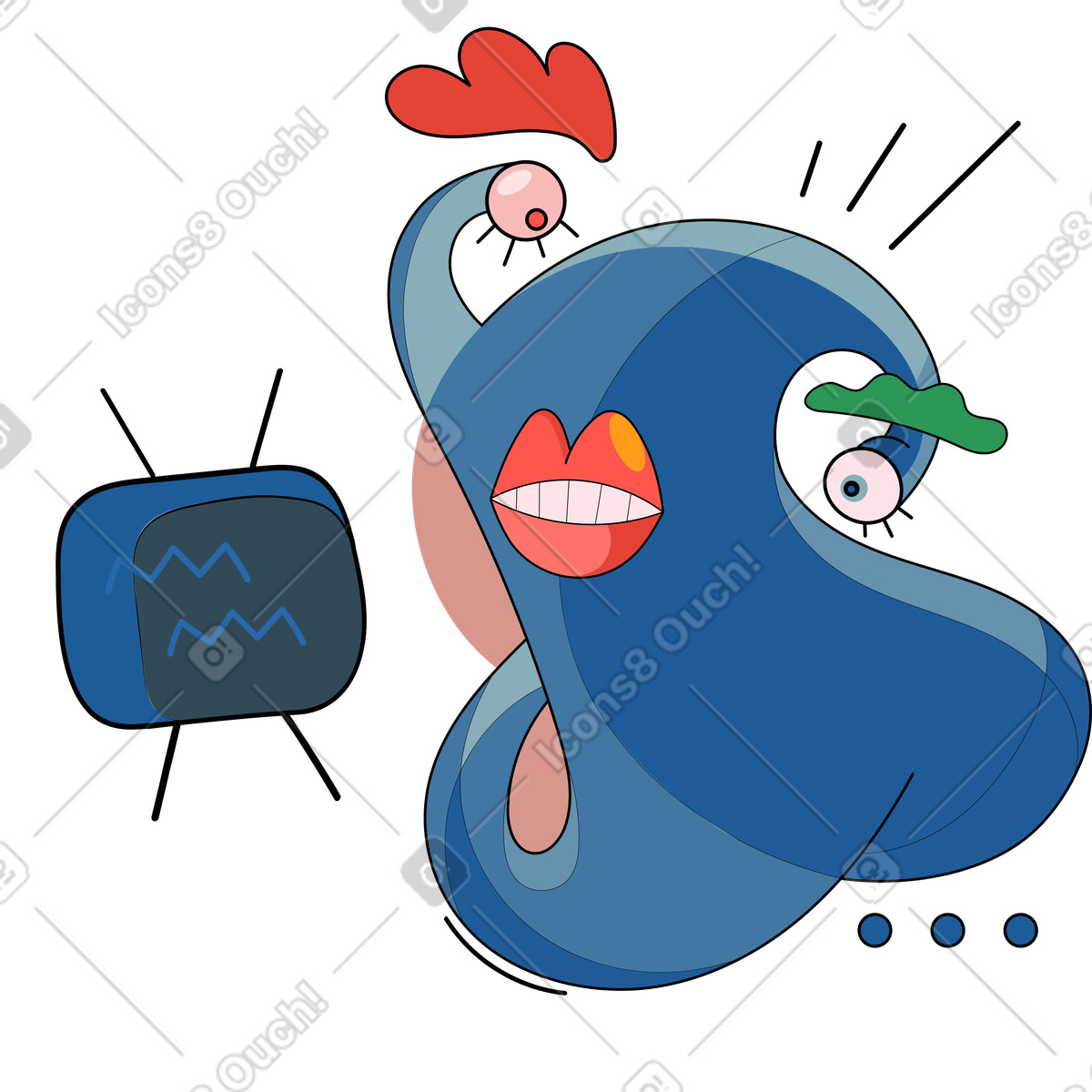 Weird abstract character watching retro tv illustration in Surr style download in PNG, SVG
