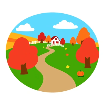 A countryside landscape in autumn featuring vivid red and orange foliage on the trees. The scene includes a gently rolling hill in the background, dotted with trees displaying various shades of fall colors. A narrow dirt path winds through the landscape, leading towards a quaint farmhouse with a white picket fence. Fluffy white clouds drift across a bright blue sky, and a few colorful pumpkins are scattered near the path. A gentle breeze causes some leaves to fall to the ground, creating a vibrant carpet of color.